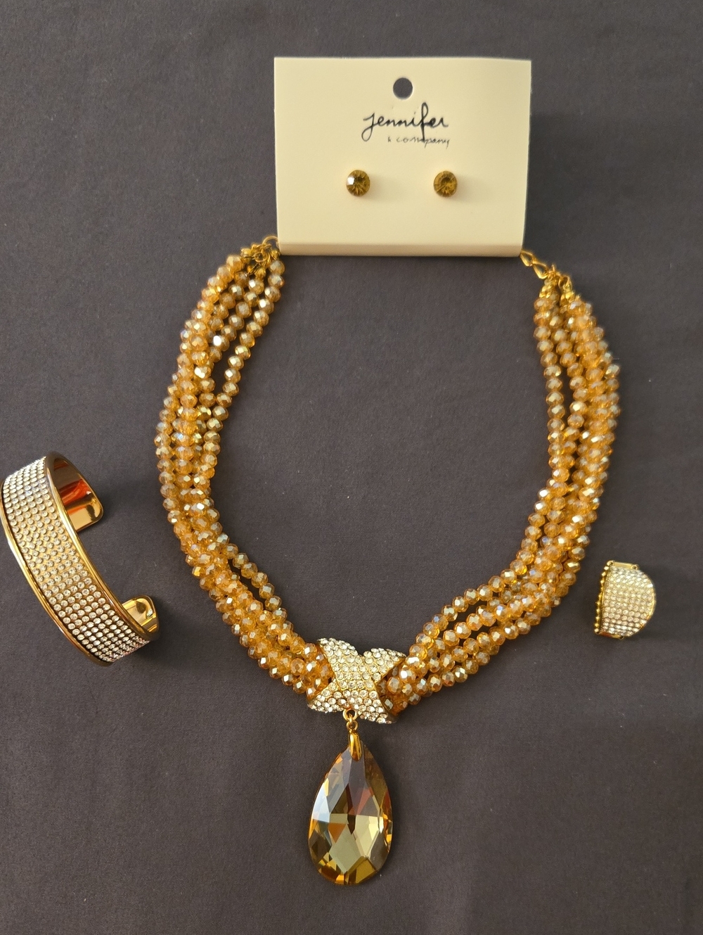 Gold Beaded Necklace with Teardrop Pendant